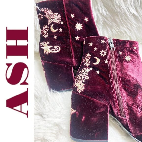 ASH Elixir Burgundy Velour Chunky Heel Bootie Gold Stars & Moons, Size 40 - Picture 3 of 14